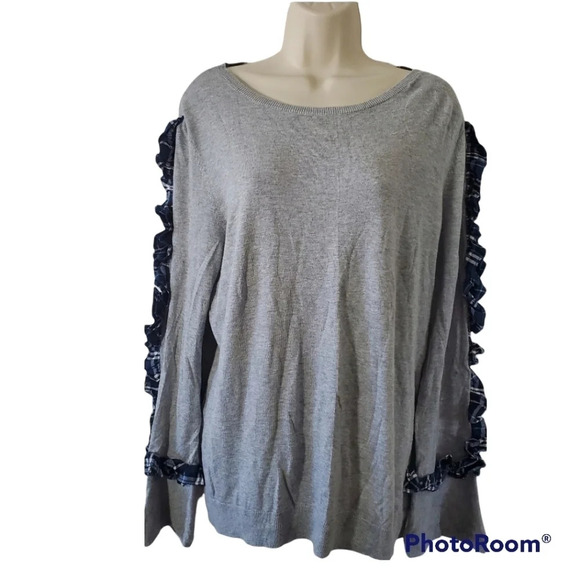 HALOGEN Plaid Ruffle Sleeve Sweater Gray Blue Size L - Picture 1 of 8